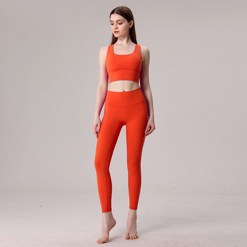 

New Arrival Nude Feel Cross Shoulder Strap Beautiful Back Tank-Top Yoga Clothes Women s Skinny Running Sports No Embarrassment Line Two Pieces Peach Red Suit 002 M