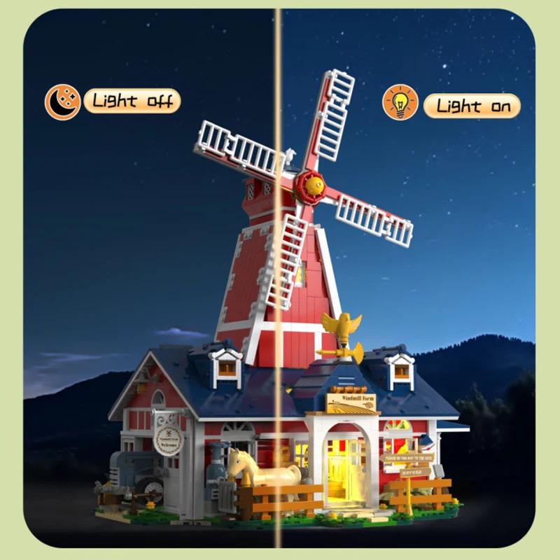 1810PCS Windmill Farm Building Blocks Toys With Light Blades Able Rotate Desktop Ornament Assembly Bricks Model Birthday Gifts
