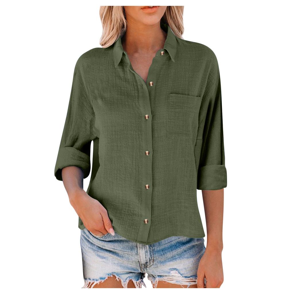 Women's Loose Cotton Linen Color Long Sleeve Cardigan Irregular Pocket Shirt Top
