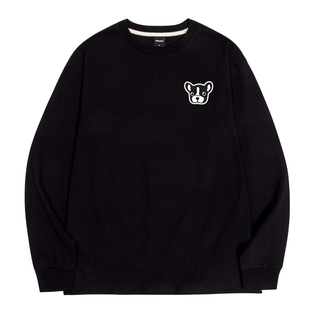 OKSTAR Bulldog Embroidered Patch Crew Neck Oversized Long Sleeve T-Shirt