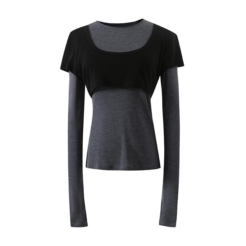 Women 2 In 1 Color Block U Neck Long Sleeve T-Shirt Slim Fit Fake Two Piece Layering Modal Wool Casual Top