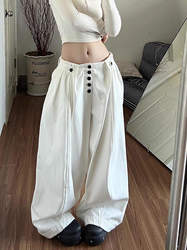 Korean-Style Women s White Wide-Leg Casual Pants - Spring Loose Petite Straight Long Pants M чёрный