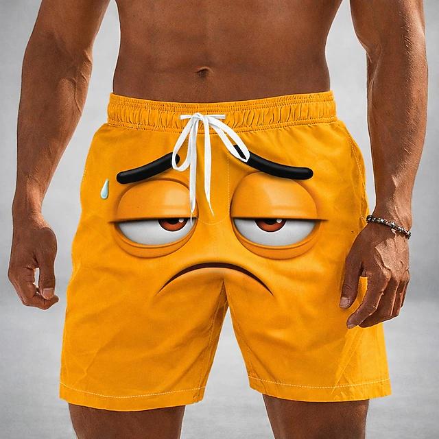 Lustiger Cartoon-Gesichtsdruck Herren Strandshorts Schnelltrocknend Atmungsaktiv Kordelzug Elastischer Bund Social Media Viraler Stil Badehose