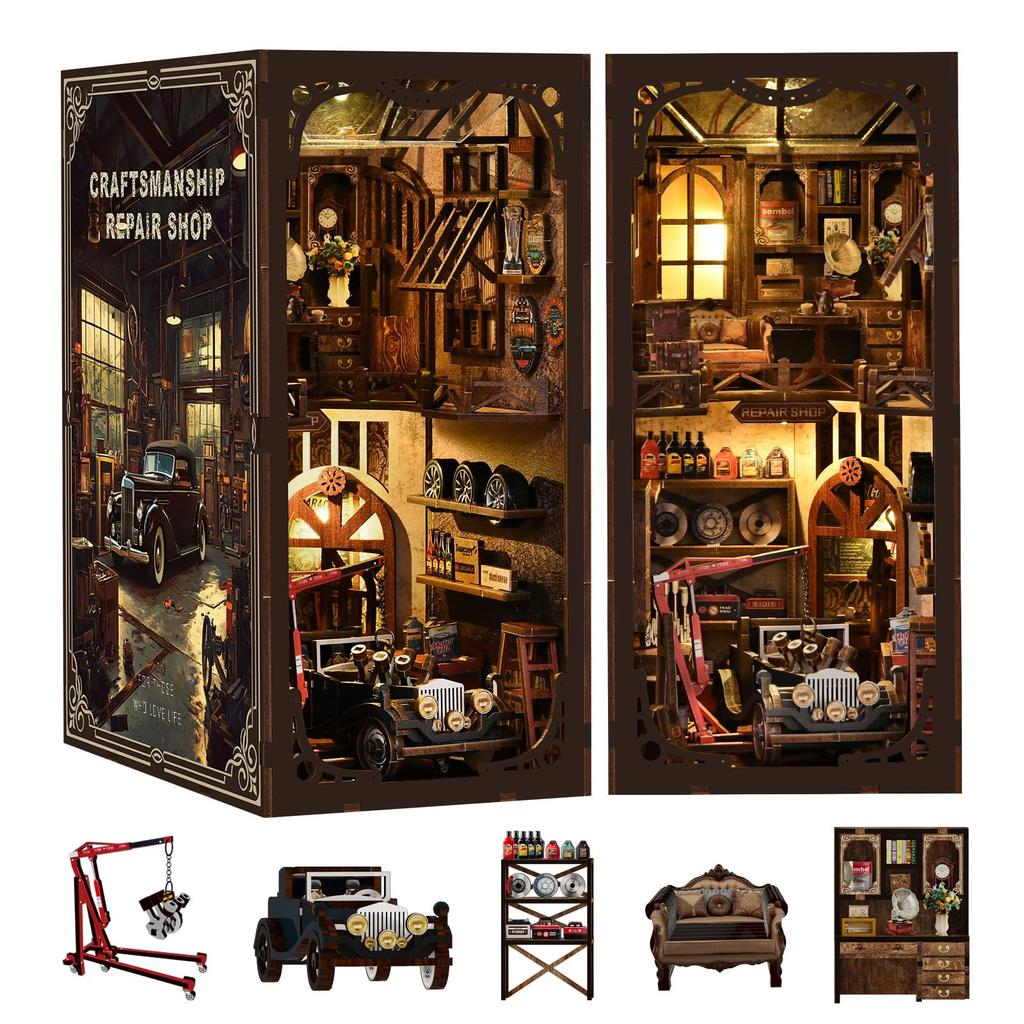 Tecnock3D 3D Book Nook DIY Miniature Wooden Assembly Kit with LED Exquisite Interior Gift for Adults and Hobbies Car Repair Kit, Diorama, House,