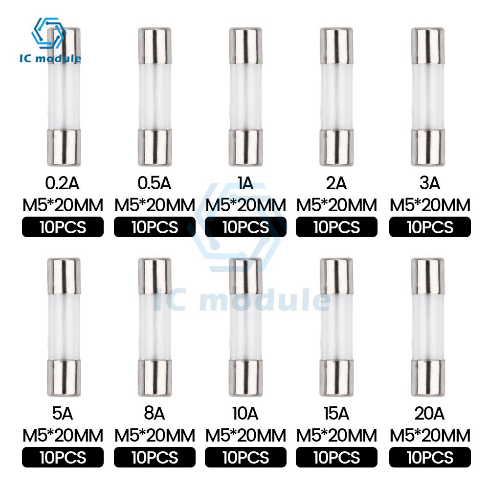 100 PCS Fast Blow Glass Fuse Box Kit 5x20 250V For Circuit Current Protection 5*20mm 0.2/0.5/1/2/3/5/8/10/15/20A