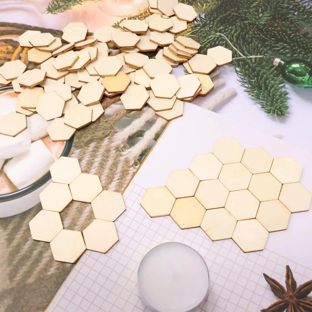 100pcs 20mm Hexagon Unfinished Blank Wood Pieces Wood Slices Wood Chips Embellishments for DIY Crafts, Home Decoration