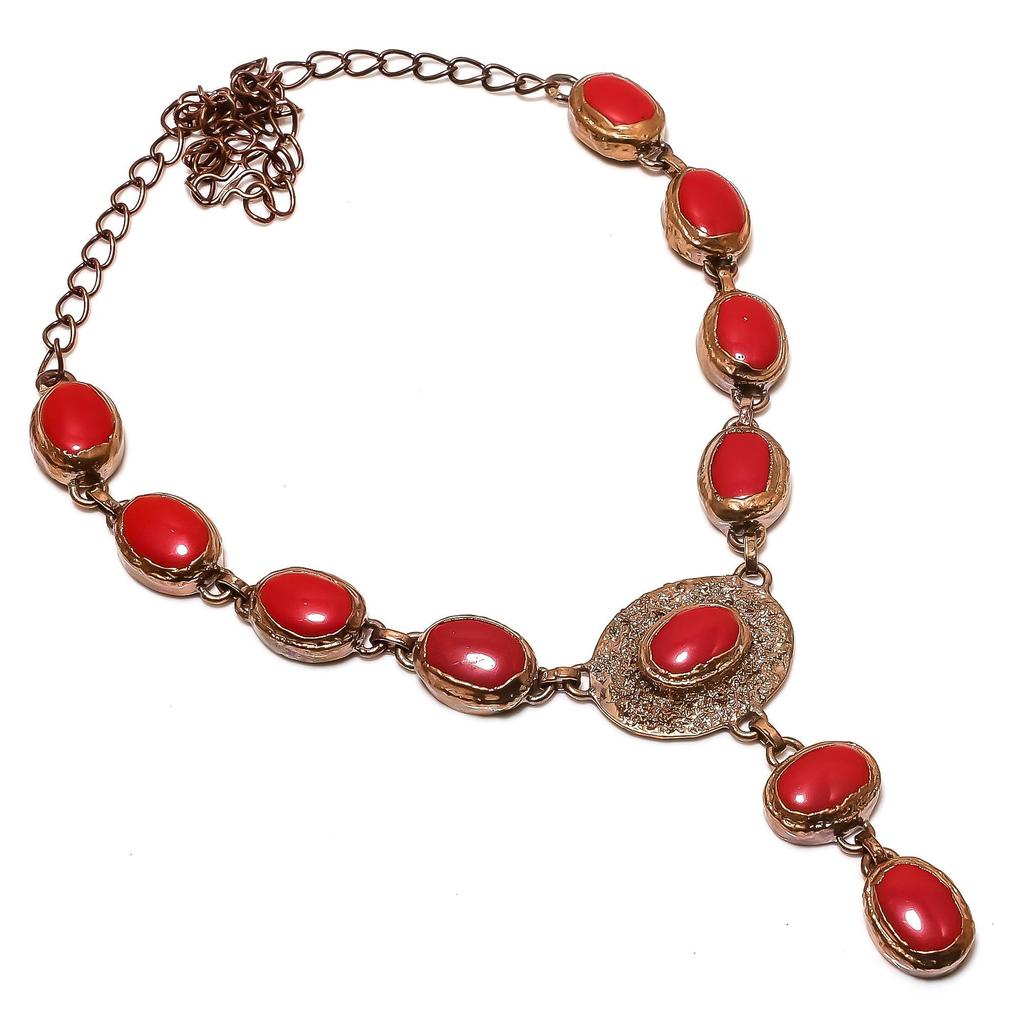 Red Coral Handmade Gemstone Necklace, Copper Electroformed Necklace Antique Jewelry, Adjustable Chain Necklace Engagement Gift