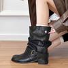 Super Soft Leather~ Western Cowboy Boots Women's Short Boots Pleated Pile Black Retro Niche Thick Heel Inner Heightening Knight Boots