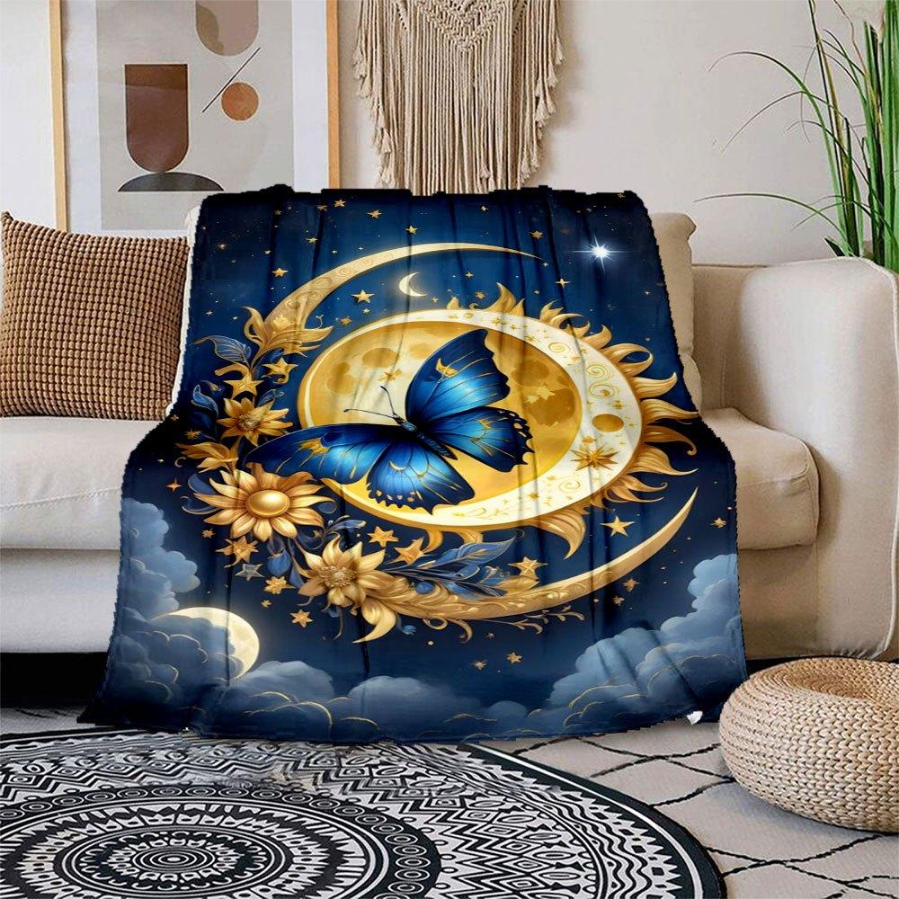 Enchanted Celestial Butterfly Moon Decor Blanket Flannel Throw Blanket for Sofa, Bed, Travel, Camping, Office 100x150cm
