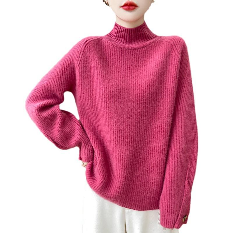 Women's Thick Wool Knit Pullover Sweater - Half-High Neck, Loose Fit, Cozy Style