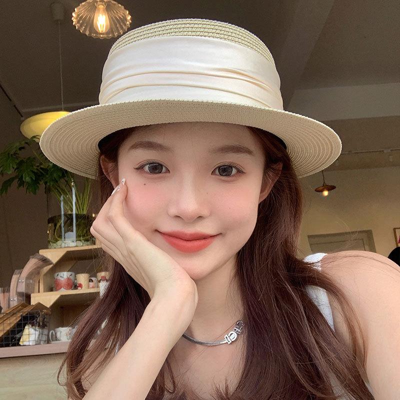 Straw Hat Women's Fashion Elegant Pleated Ribbon Flat-top Sunshade Hat Vacation Travel Sunscreen Hat