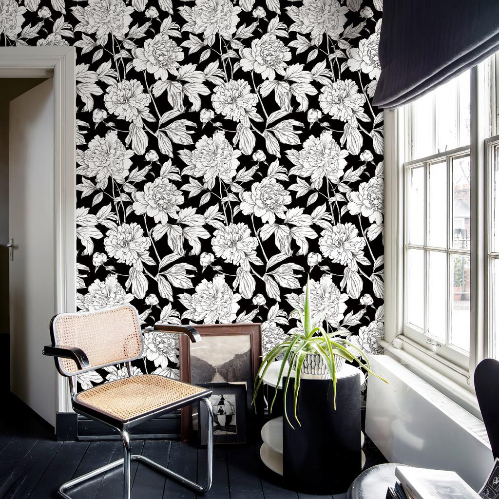 Black And White Floral Retro Wallpaper Peel And Stick Cabinet Sticker For Furniture Vintage Waterproof PVC Home Decor