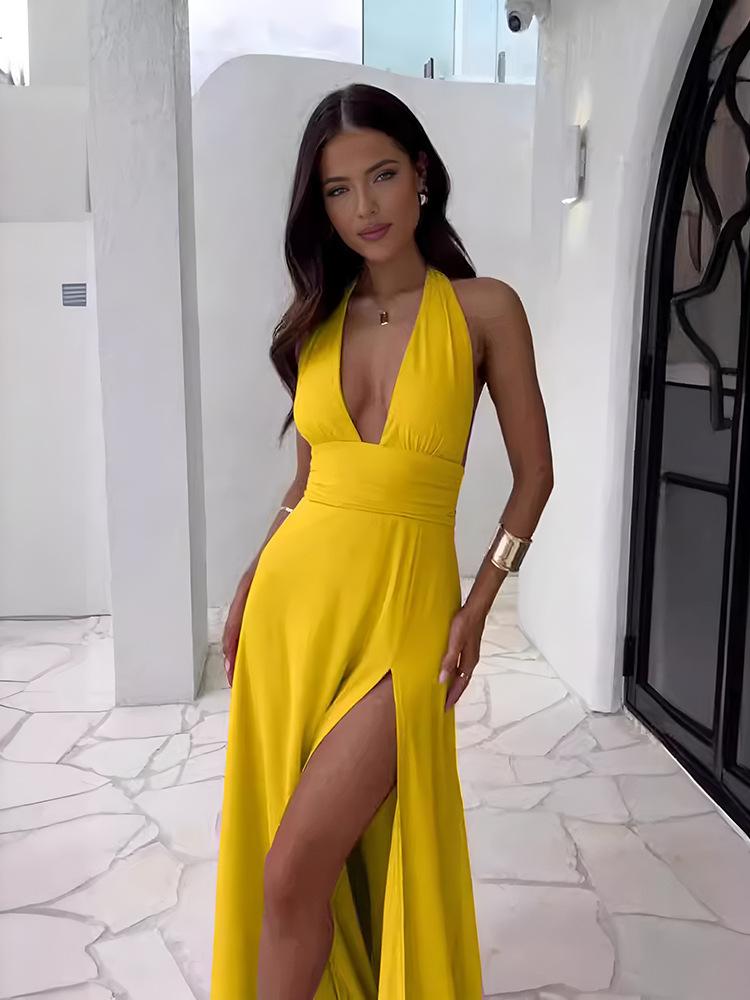 Europe, America 2025 Summer New Product Amazon Sexy Neck Deep V-neck Dress Sleeveless Backless Side Split Dress