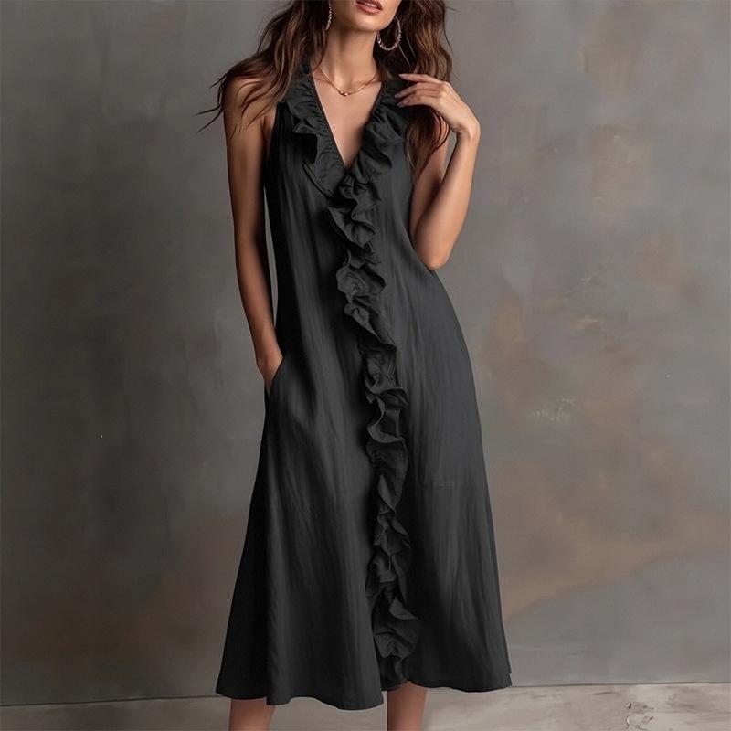 Spot women's clothing spring and summer new solid color sleeveless cotton and linen V-neck large pendulum ruffle edge dress
