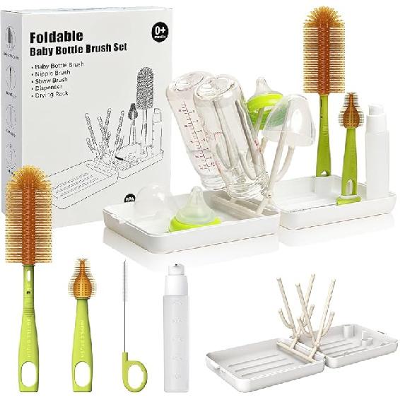YOTIME Travel Bottle Brush, Travel Bottle Cleaner Kit with Foldable Bottle Drying Rack, for Visit Friends and Relations, Baby Travel Essentials, BPA