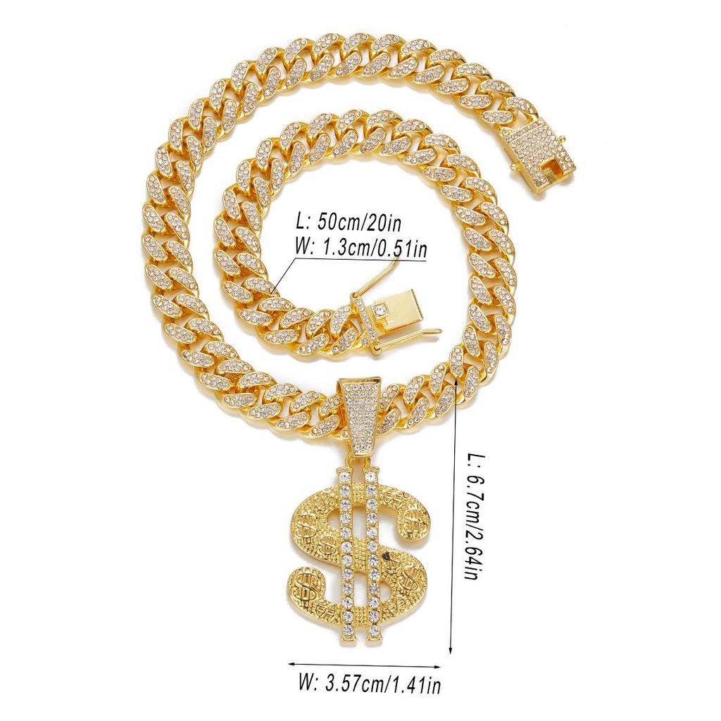 Men's Cuban Chain with Rhinestone Dollar Pendant - Trendy Punk Hip-Hop Necklace