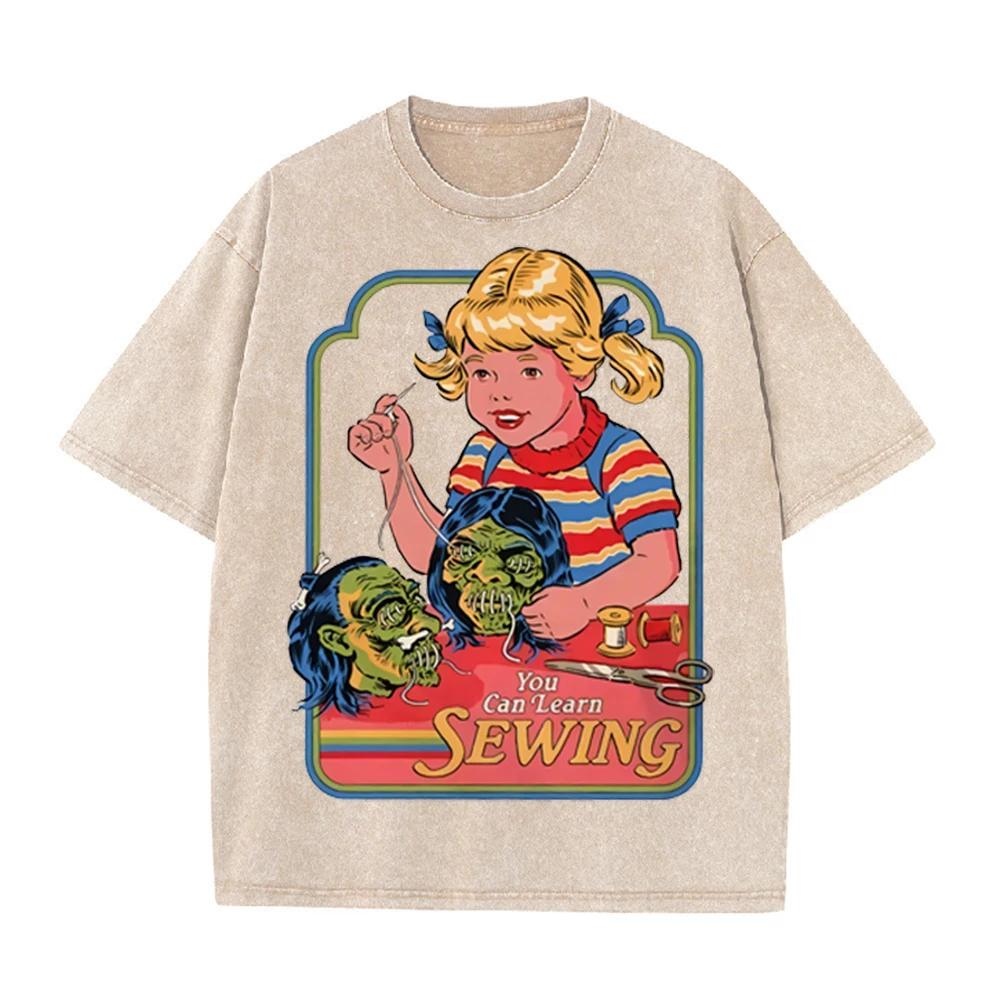 2026 Vintage Retro Girl Sewing Horror Graphic Washed T Shirt Dark Humor Spooky Casual Oversized Short Sleeve Streetwear Tee