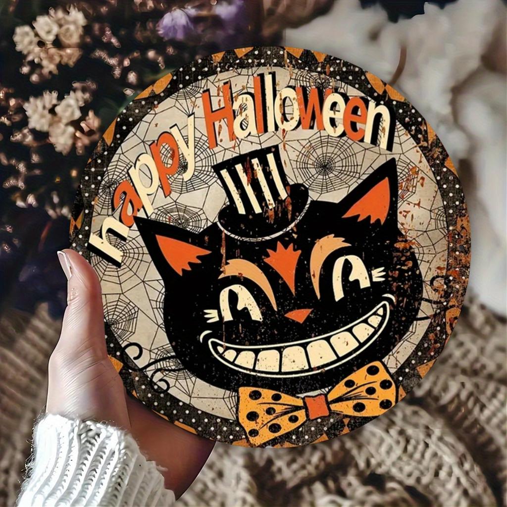 Vintage Happy Halloween Black Cat Round Metal Sign D Flat Printed Retro Grinning Cat with Top Hat Art Tin Plaque Spooky Distr