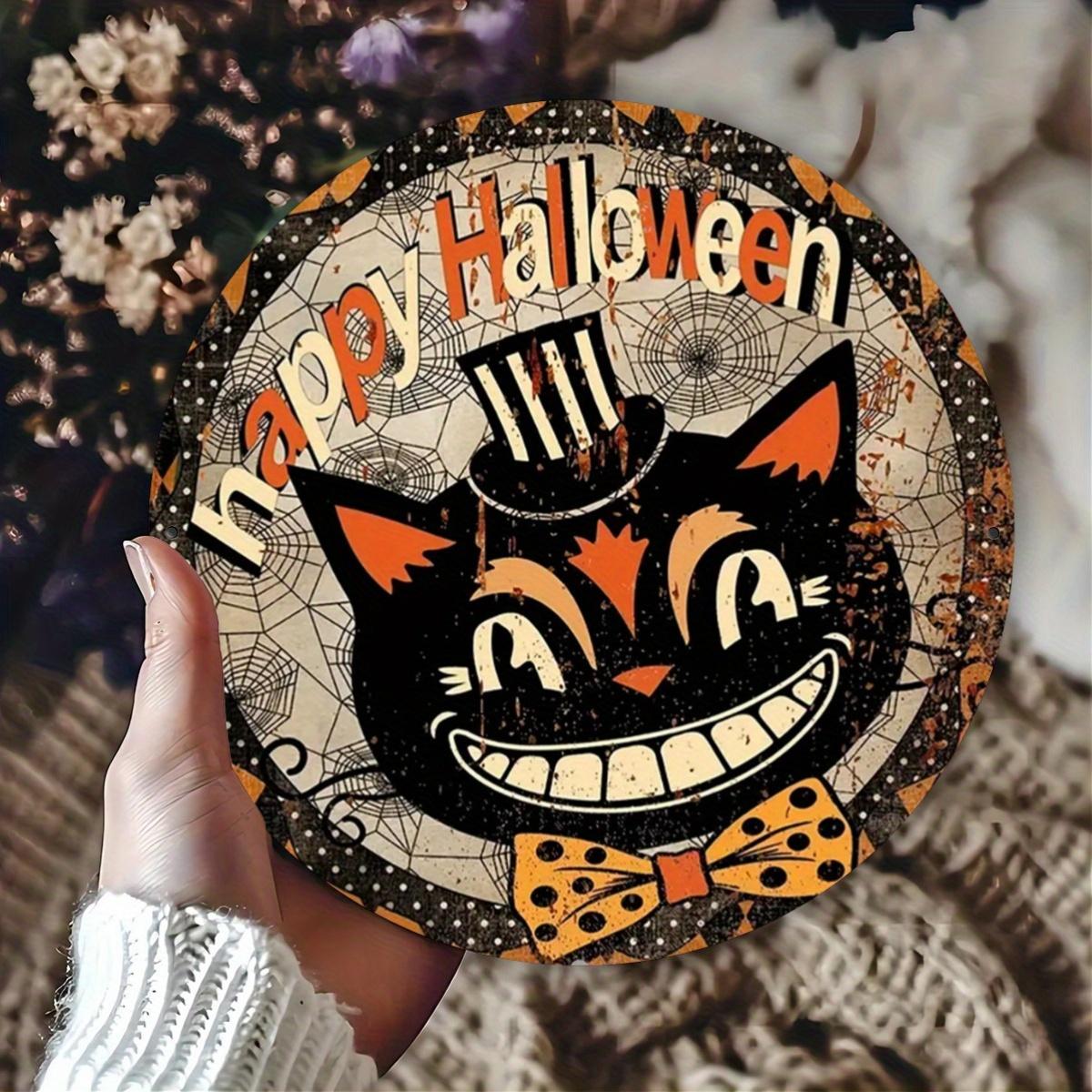 Happy Halloween Retro Black Cat Spider Web Tin Sign Vintage Durable Metal Plaque Wall Decor Spooky Holiday Home Office Wall A 20x20cm(8x8inch)