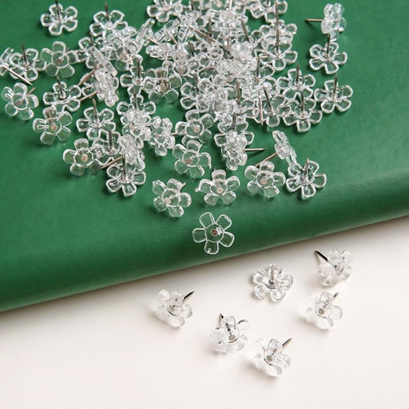 100Pcs Clear Flower Head Push Pins for Display Picture Note Memos Poster Cork Notice Board Pins Decorative Thumb Tacks