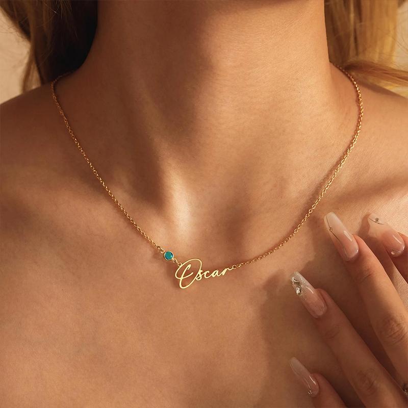 New North Personalised Custom Name Necklace Stainless Steel Jewelry Green Zircon Charm Customized Name Pendant Necklace Women