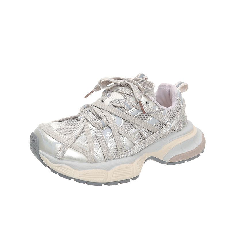 Thick-soled mesh lace-up dad shoes for women in the autumn of 2025, new fashionable and versatile casual and lightweight breathable little white shoes
