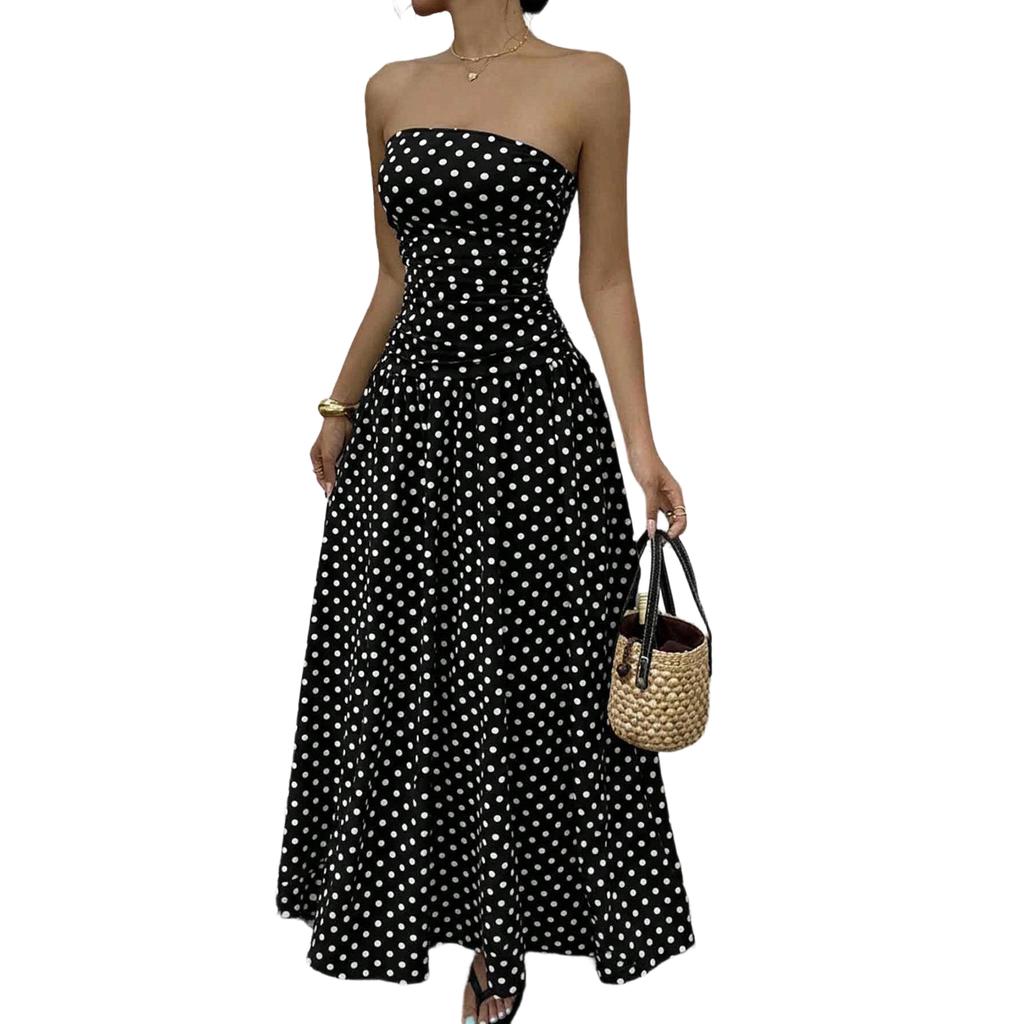 Rochie elegantă de seară pentru femei, cu buline, cu umerii goi, linie A, subțiază talia