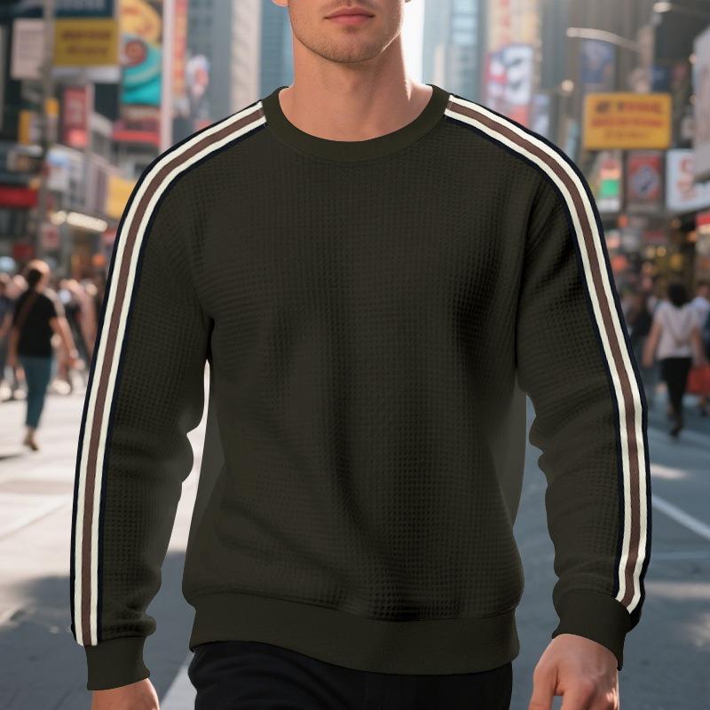 Loose Thin Seven Stripes Mens Waffle Crew Neck Casual Sports Breathable Sweatshirt