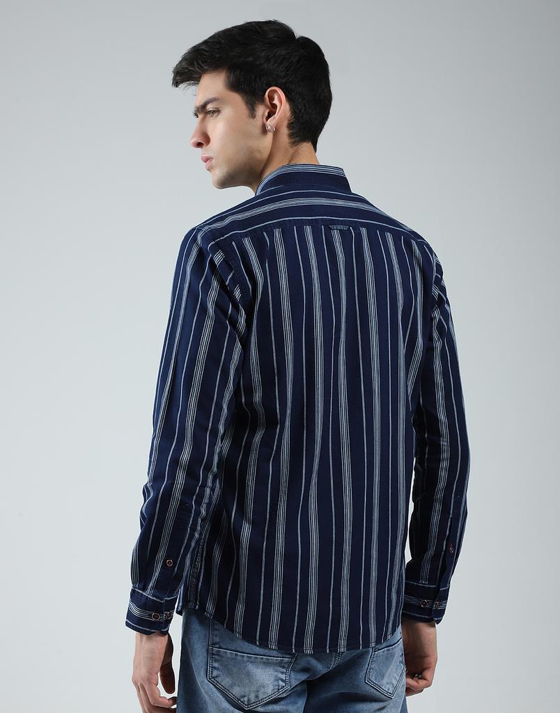MONTE CARLO Mens Striped Navy Blue Collar Neck Full Sleeve Shirt