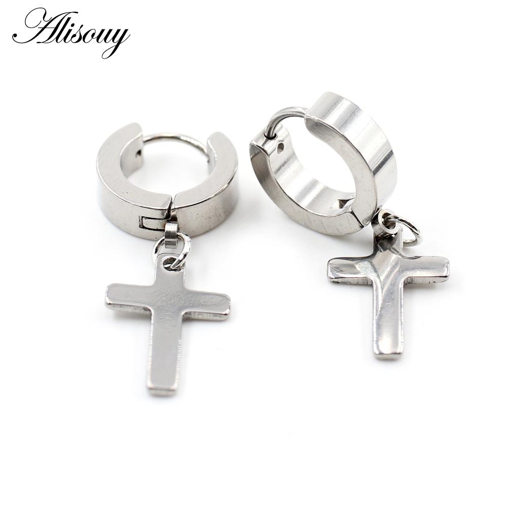 Alisouy 2PCS Stainless Steel Star Cross Snake Spike Skull Sword Blade Chain Feather Spider Dangle Women Men Huggie Hoop Earrings