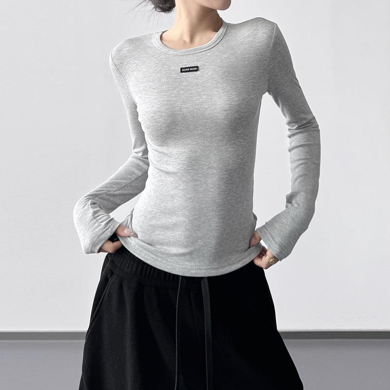 Women's Grey Round Neck Slim Fit Long T-Shirt - 2025 Autumn/Winter Collection