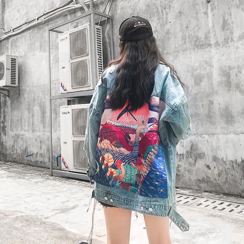 Denim jacket women s loose ripped spring and autumn new European and American fashion back dinosaur patch jacket top tide S синий