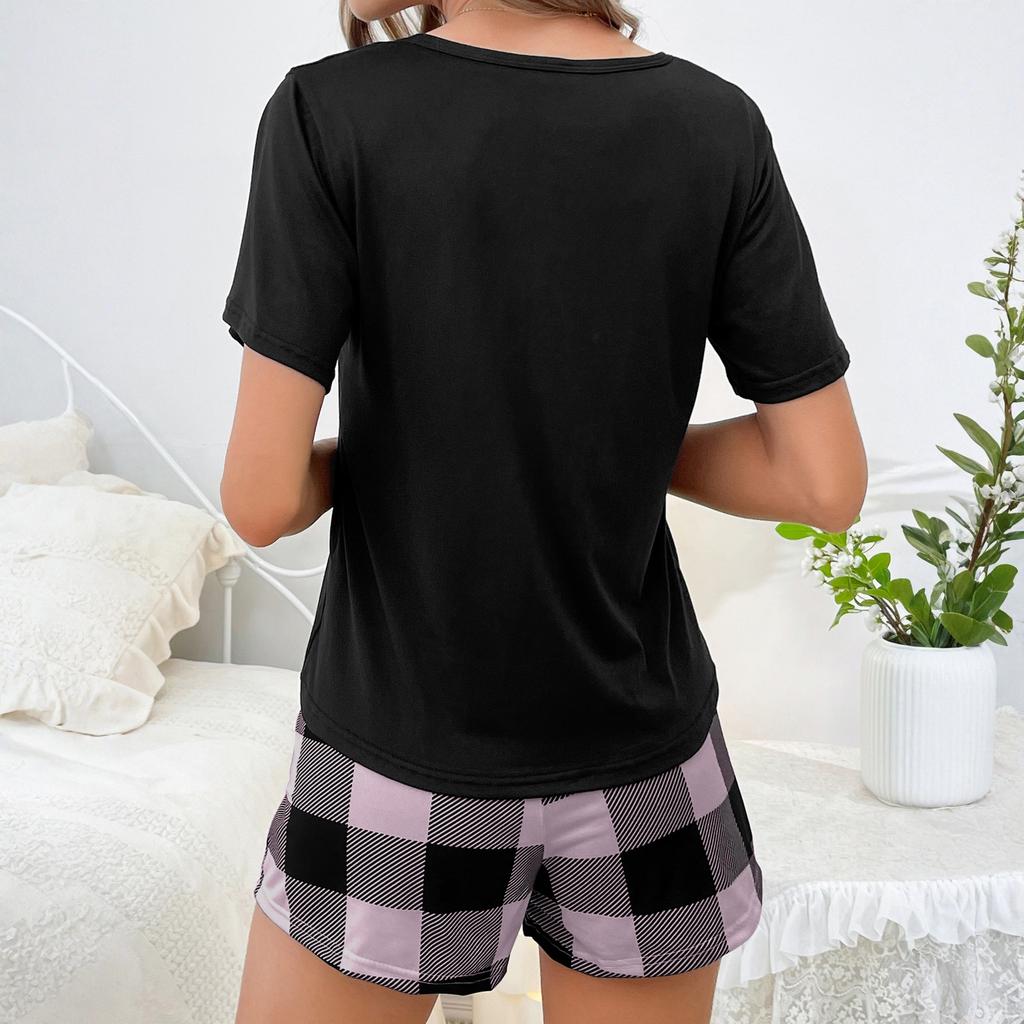 Women's Sleepwear French Two-piece Home Suit With A Short Sleeved Shirt And Checkered Pockets, Checkered Shorts Set