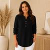 Ladies Daily Henley Style Knit Top, Long Sleeve Notch Neck Button Blouse, Curved Hem Side Buttons Loose Tunic for Street & Home Outfit