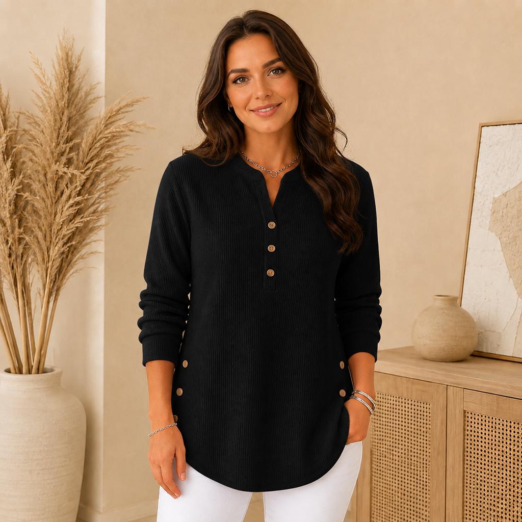 Ladies Daily Henley Style Knit Top, Long Sleeve Notch Neck Button Blouse, Curved Hem Side Buttons Loose Tunic for Street & Home Outfit