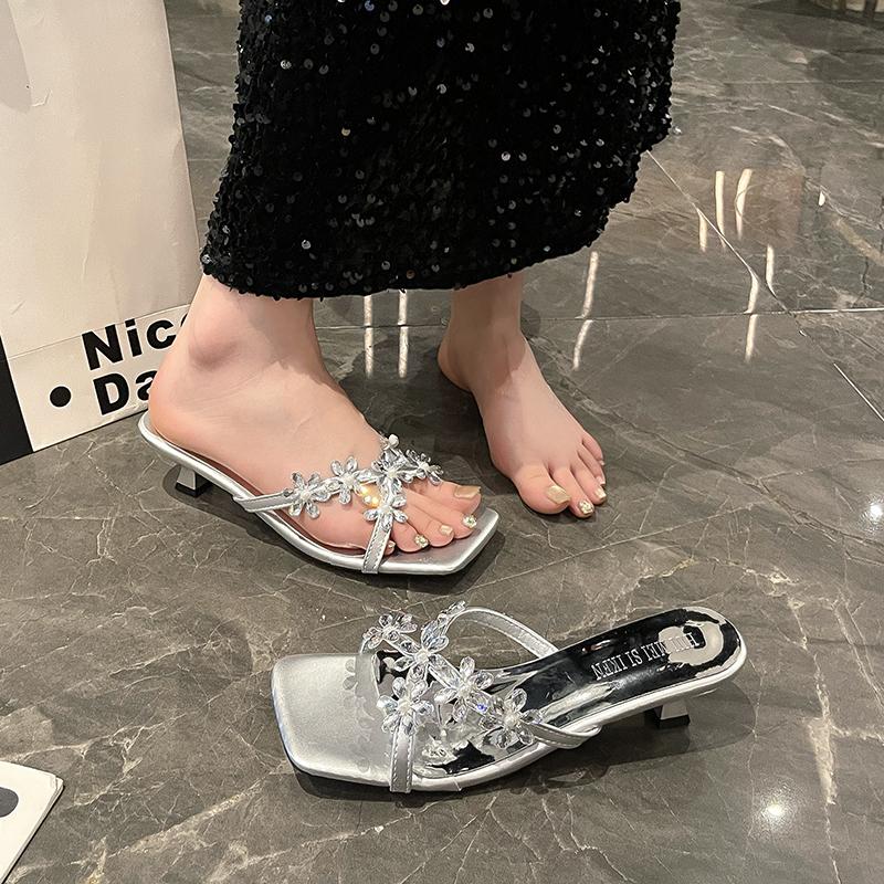 Summer New Style Silver High-heeled Shoes with Black Sandals and Slippers Luxury Rhinestones with Black Sandal for Women To Wear
