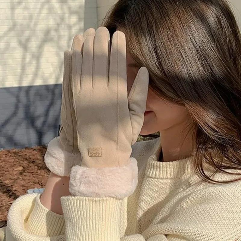 Thicken Warm Plush Gloves Winter Women Girl Soft Comfortable Simple Gloves Solid Color Riding Elastic Gloves Fashion Accessories