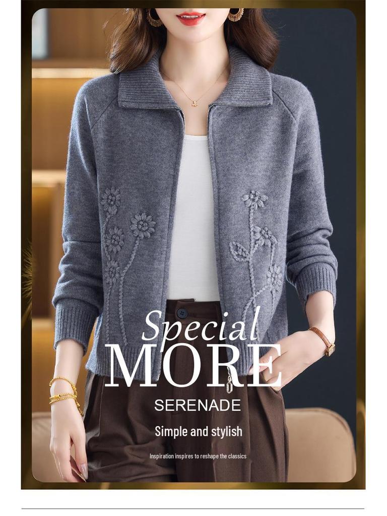Women's Short Cardigan Sweater - 2025 Spring/Autumn Fashion, Loose Knitted Zipper Jacket for Moms