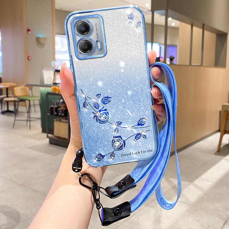 KADEM For Motorola Moto G73 5G TPU Case Sparkle Flower Gradient Phone Cover with Lanyard