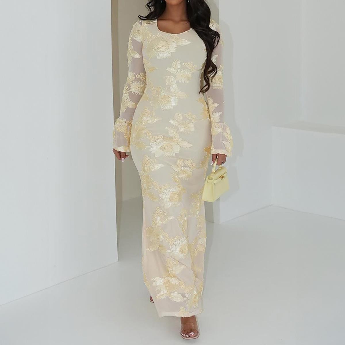 

Вечернее платье Элегантный Длинный рукав Обхват бедер Длинная юбка Платье Женщины 2025 Осень Зима S жёлтый