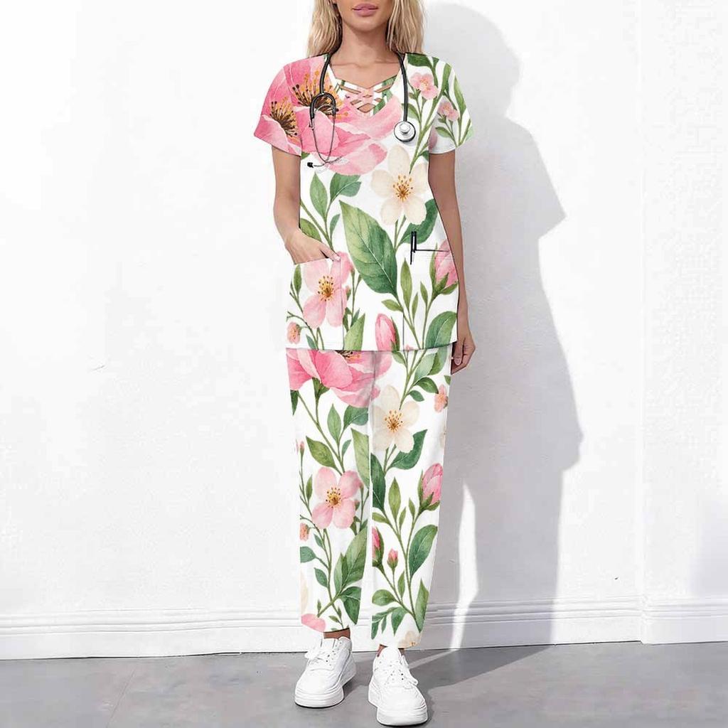 Women Plus Size White Floral Printed Scrub Set Cutout Neck Short Sleeve Pocket Top Long Pants