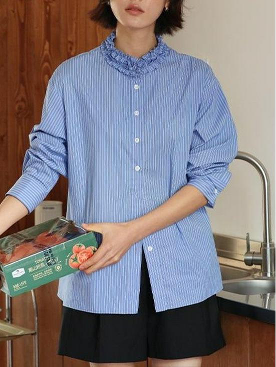 Женская приталенная синяя полосатая рубашка - Французский ретро-стиль L