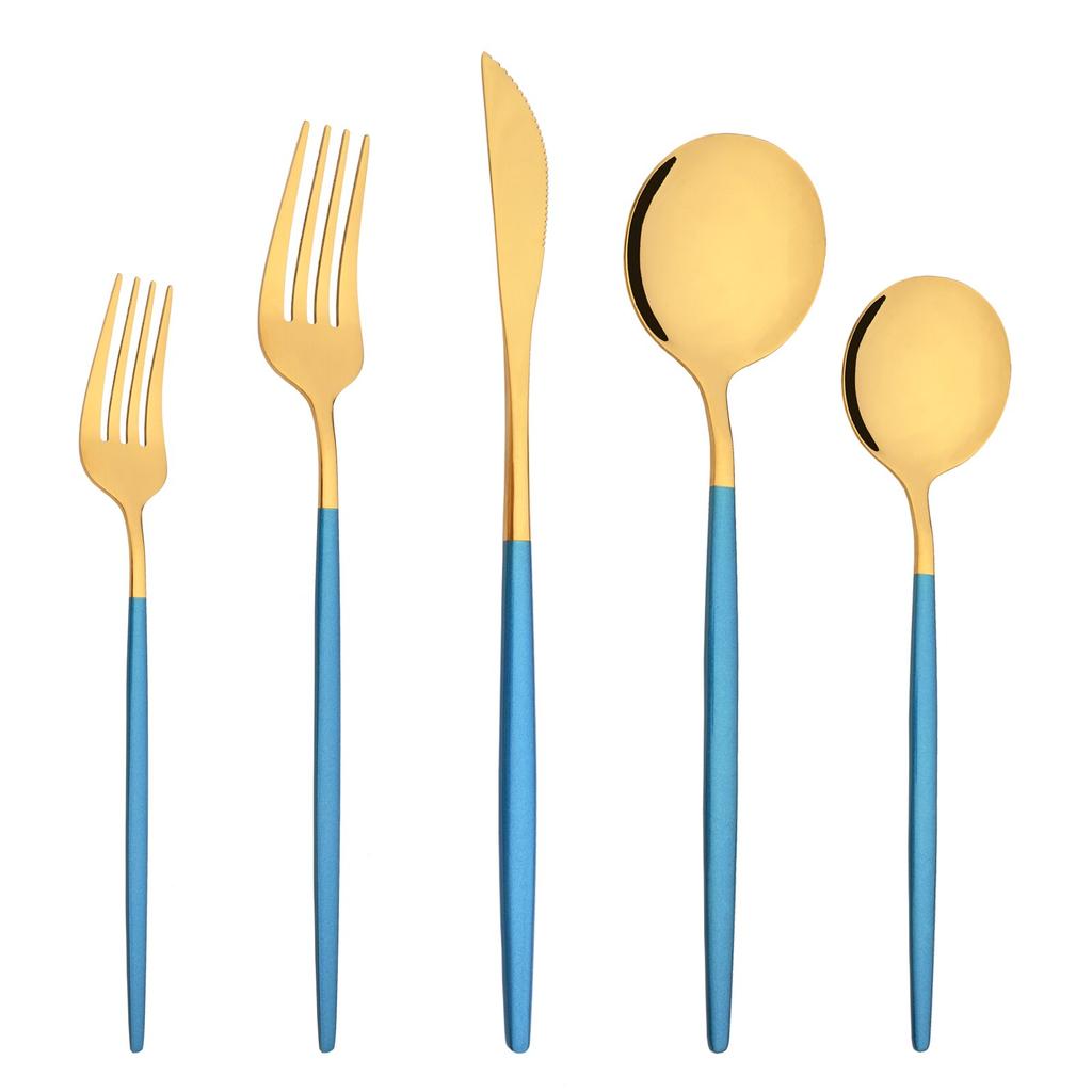 Modré zlato 5 ks Sada jídelního nádobí Stříbrné nádobí Příbory Nůž Dezert Vidlička Lžíce Nerezové nádobí Sada příborů Protable Jídelní potřeby