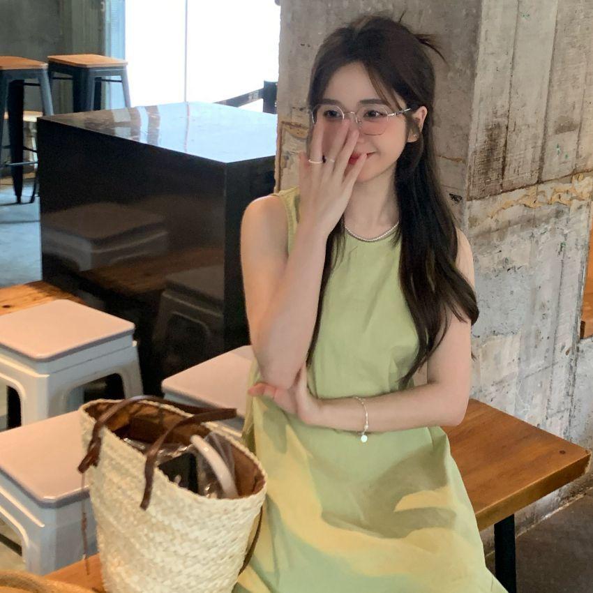 Korean Thin Small Fresh Green Vest Dress Women's Spring New Medium and Long Casual Loose Skirt
