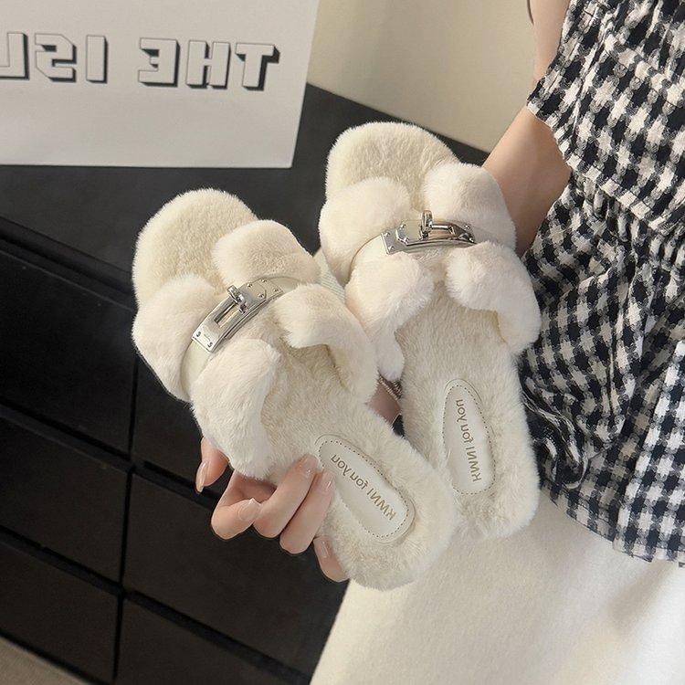 Comfortable Princess Thick-bottomed Fluffy Slippers Women's Autumn and Winter High-end Outer Wear 2025 New Indoor Home One-word Cotton Mop