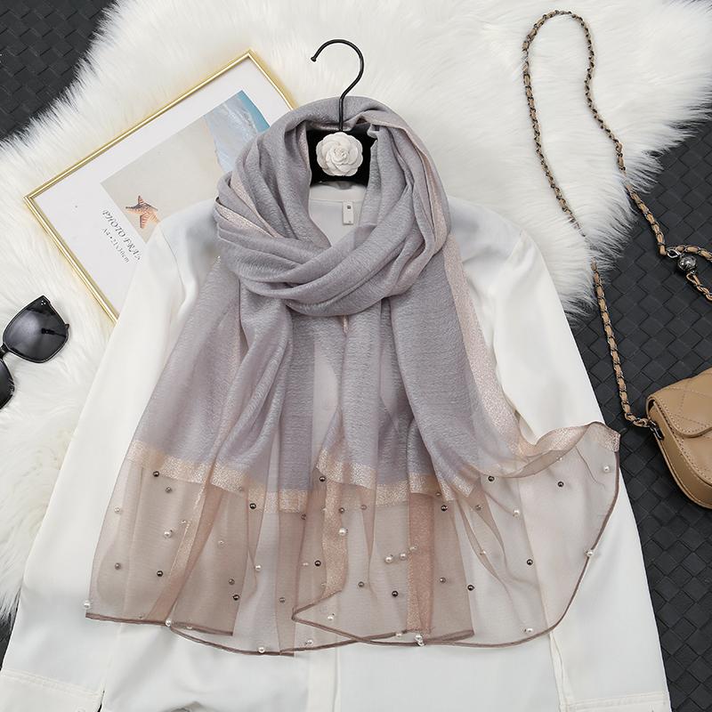Fashion Luxury Silk Scarf For Women Shawls With Beads Long Scarf For Women Female Foluard Stoles Bandana Head Wraps Headscarf