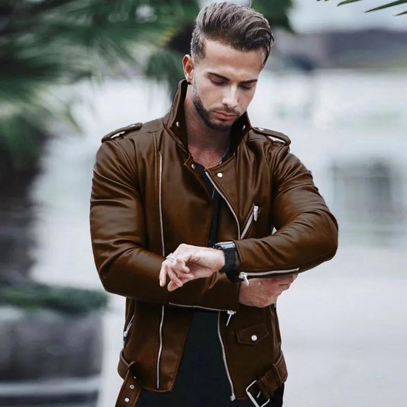 Nuovo Cappotto in Pelle PU da Uomo Autunno e Inverno Taglia Grande Collo Stretto Moda Slim Zip Giacca in Pelle