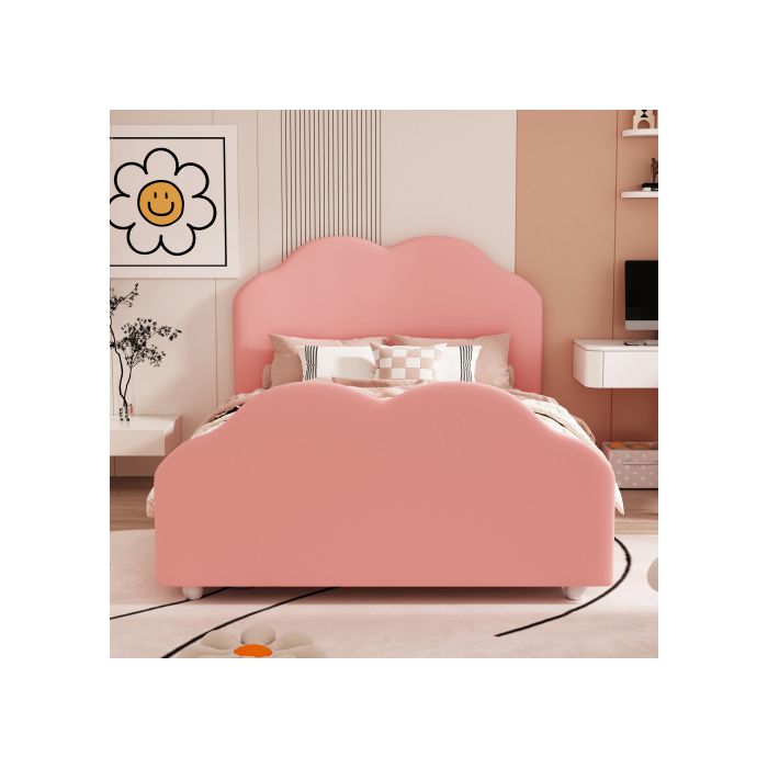 Lit enfant - MUVOE - 90 x 200 cm - Velours rose doux - Cadre en bois robuste - Design nuage