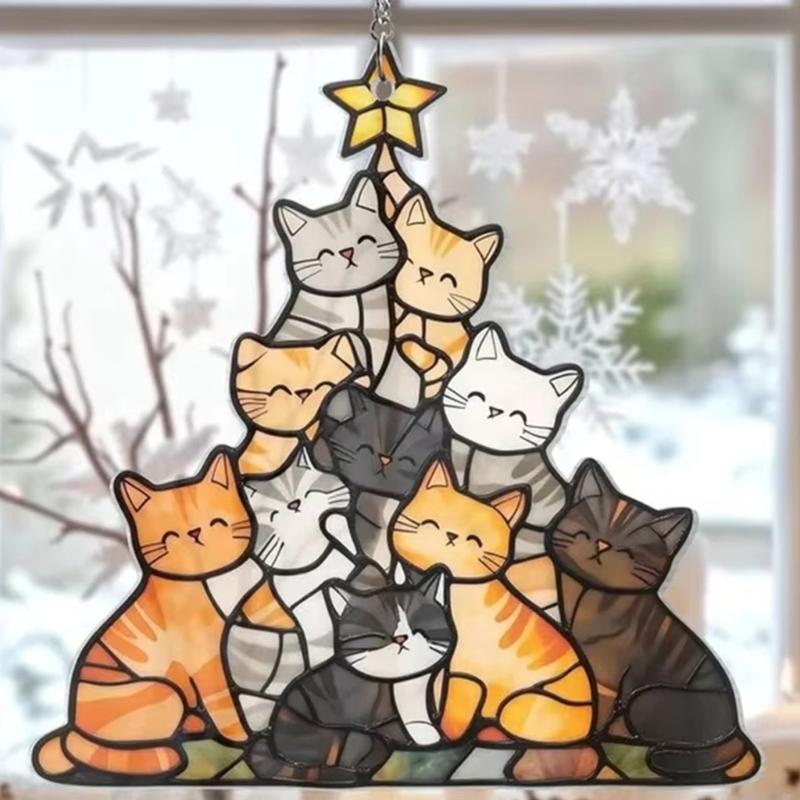 Cats Christmas Tree Suncatchers Colorful Glass Panel Suncatchers Decors Birthday Gift Women Stained Glass Window Hanging