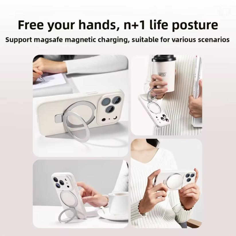 Liquid Silicone Case For Iphone 17 16 15 14 13 12 11 Pro Plus Max Air Magsafe Metal Stand Lens Full Protection Fine Grip Cover